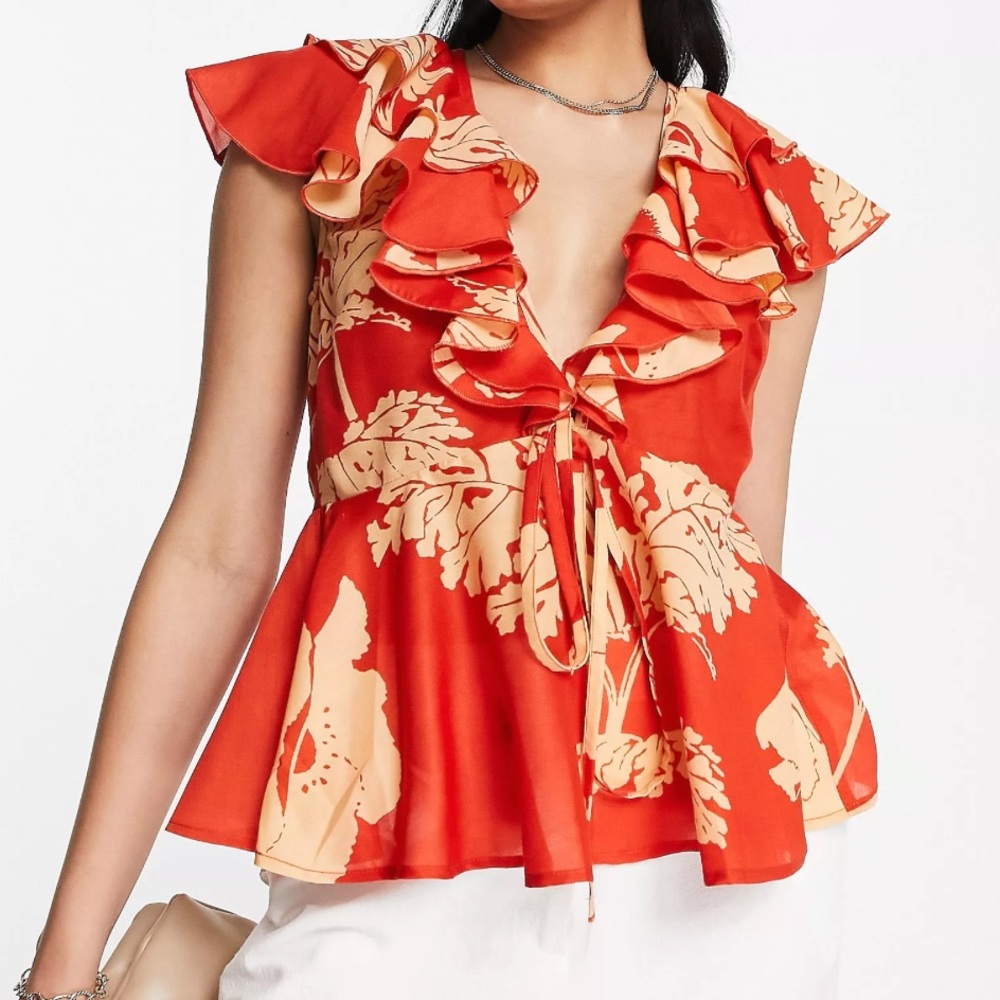 With tag! ASOS DESIGN Going Out frill sleeve plunge front blouse cut out